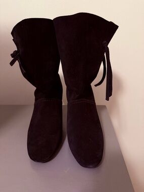 Tory Burch Black Suede Mid-Calf Side Tie Heeled Boots